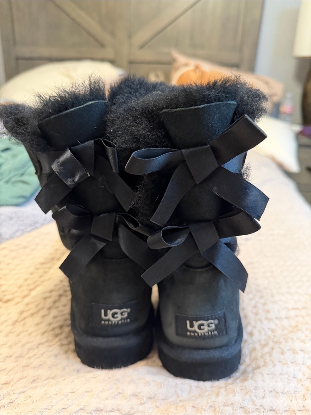 UGG Black Suede Bow Back Shearling Boots